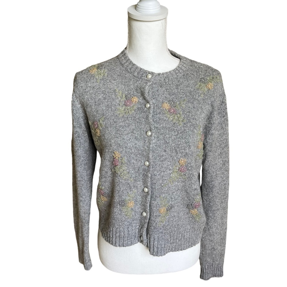 VTG 90s croquet club wool blend cardigan sweater beaded floral women medium